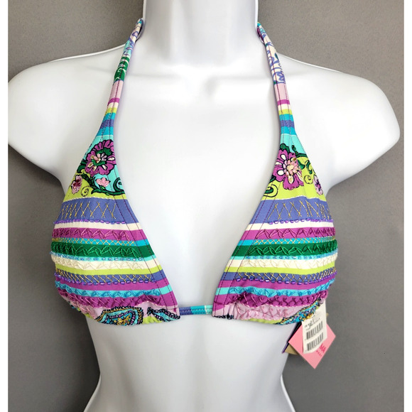 Cia Maritima Bikini Top Womens Medium Embroidered Beaded Floral Stripe Swimwear - Picture 1 of 16